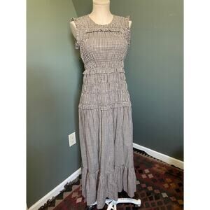 NWT Caroline Constas Brown Gingham Smocked Cotton Sleeveless Dress. Sz XS